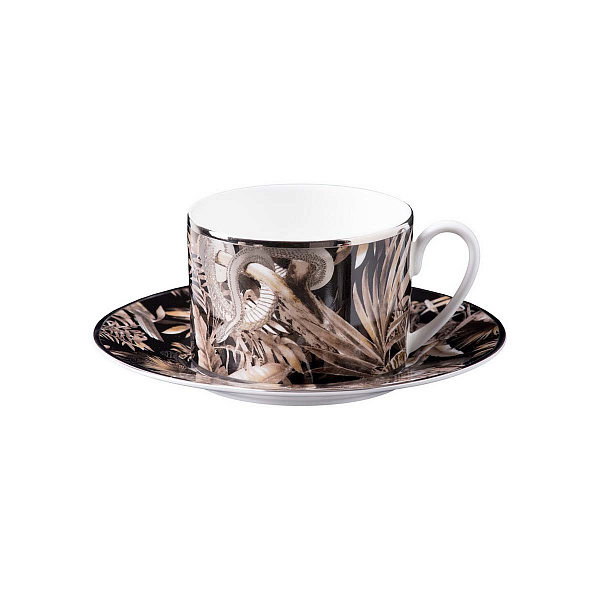 Набор чайных чашек с блюдцами Roberto Cavalli Home - TROPICAL JUNGLE BLACK, 220мл. 2шт, ( п/к